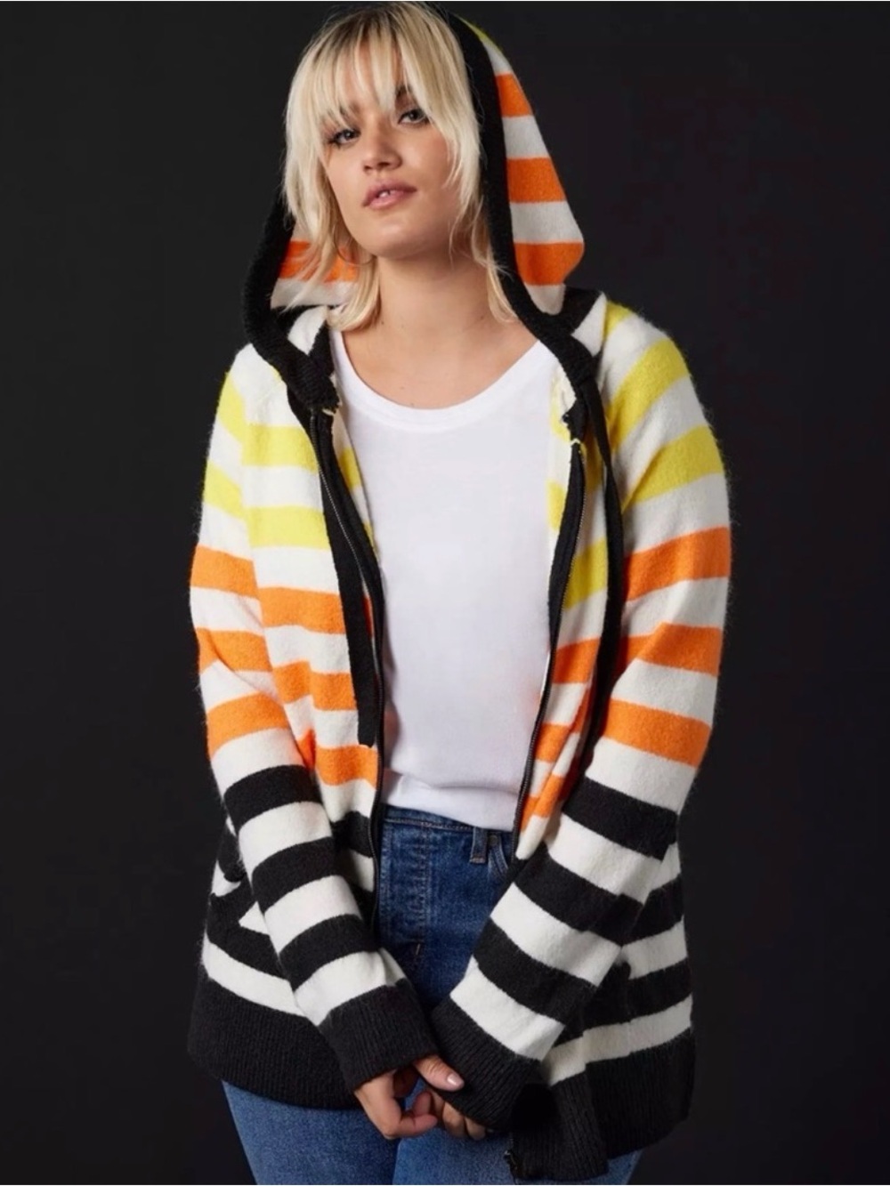Torrid Halloween Candy Corn Striped Hooded Cardigan Sweater
